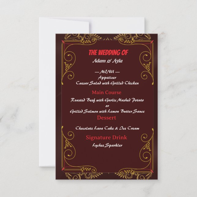 Menü für die Hochzeitsempfehlung RSVP Karte (Vorderseite)