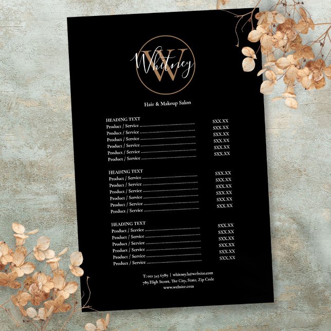 Menü für elegante Skriptmonogramm-Salon-Dienste (Elegant Script Monogram Salon Service Menu Flyer)