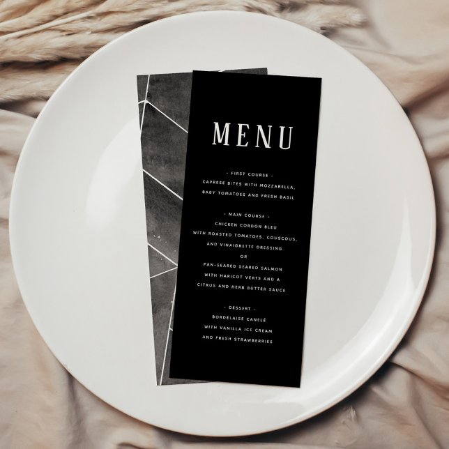 Menü für geometrische Schwarze Wasserfarbe Menükarte (Black Watercolor Geometric Gala Menu)