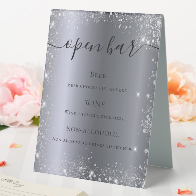 Menü für Glitzern mit Silver Glitzer-Skript-Bar Tischaufsteller (In Situ (Hochzeit))