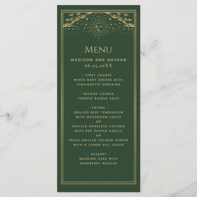 Menü für Hochzeiten der Green Gold Sun and Moon Ta Menükarte (Vorderseite)