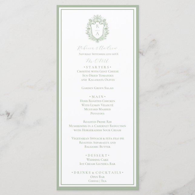 Menü für Hochzeiten des grünen botanischen Wappen Menükarte (Vorderseite)