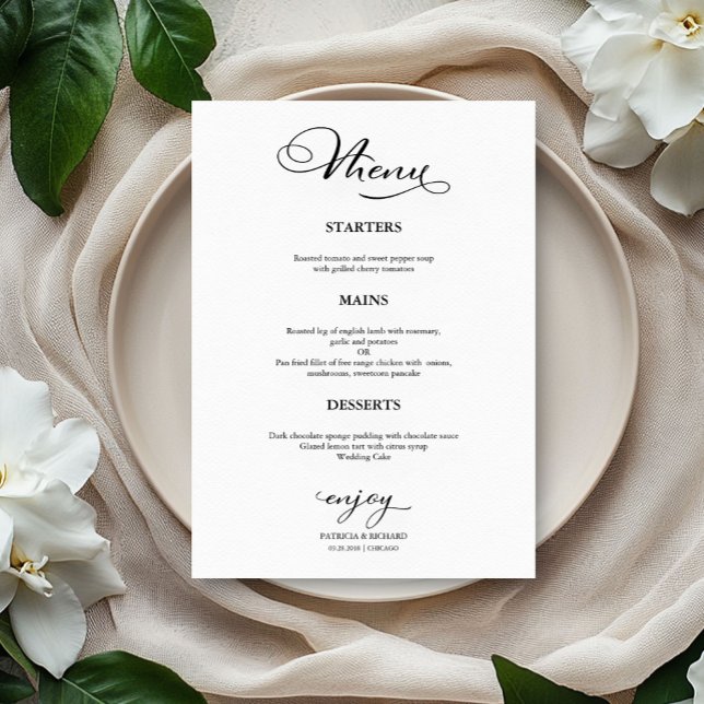 Menü für Hochzeiten Einfache Elegante Kalligrafie Menükarte (Von Creator hochgeladen)