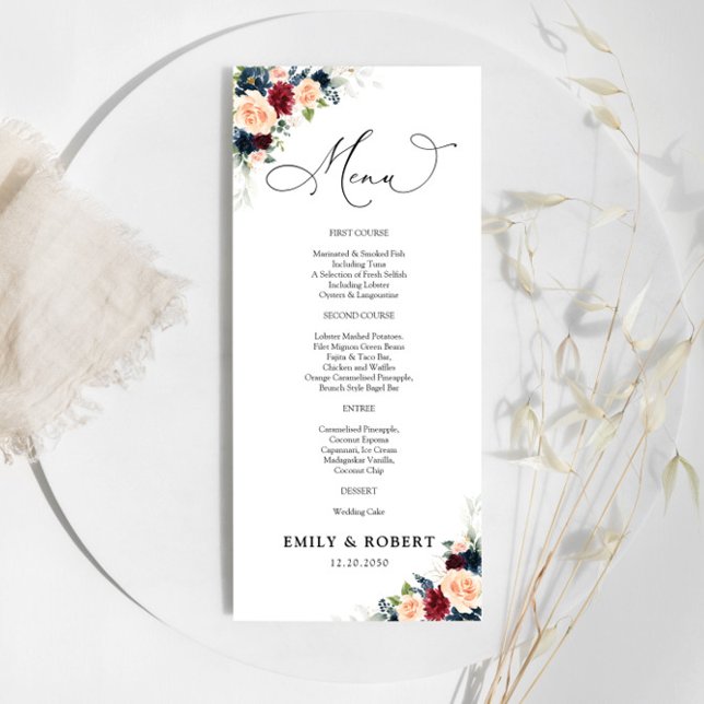 Menü für Hochzeiten in Burgund und der Marine Menükarte (Von Creator hochgeladen)