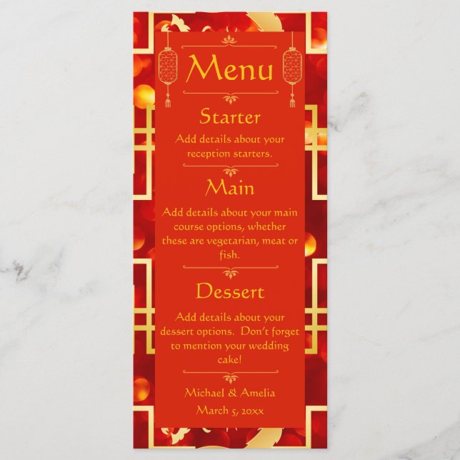 Menü für Hochzeiten in Rot und Gold Menükarte (Vorderseite)