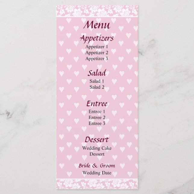 Menü für Hochzeiten mit blassrosa Herz Menükarte (Vorderseite)