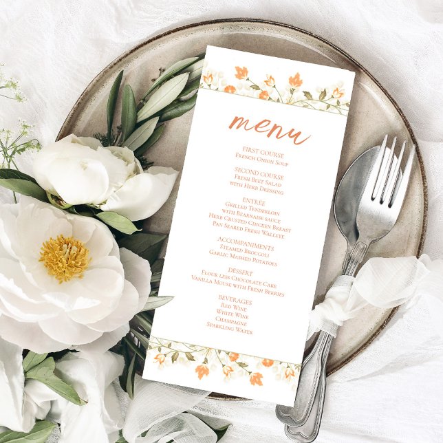 Menü für Hochzeiten mit Peach Floral Menükarte (Wedding menu card with a peach floral design.)