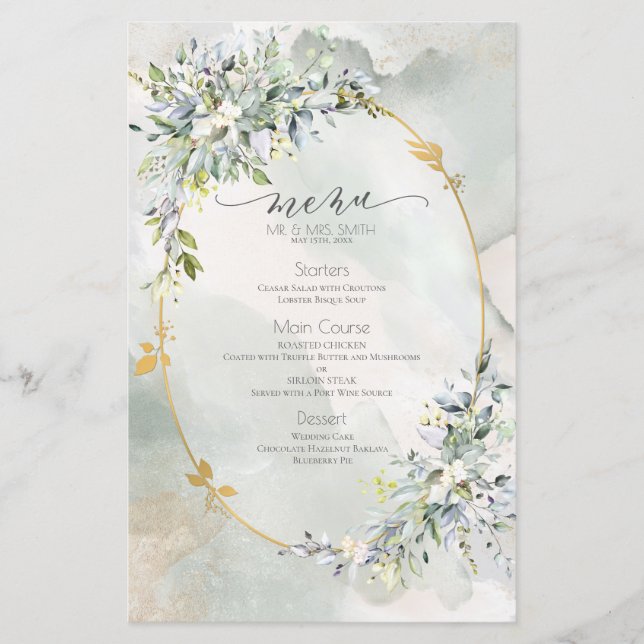 Menü für Hochzeiten von grün blühenden goldfarbene (Vorderseite)