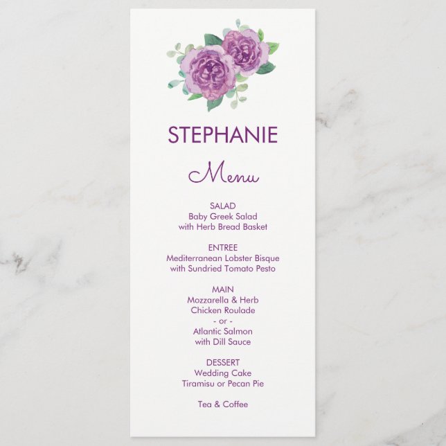 Menü für Hochzeiten von lila Rose Menükarte (Vorderseite)