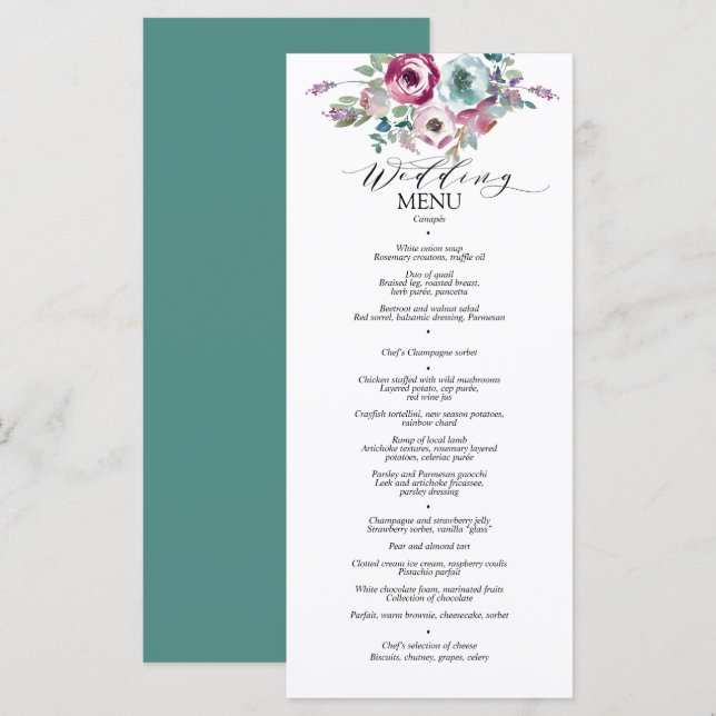 Menü für Hochzeiten von Mint & Mauve Floral Menükarte (Vorne/Hinten)