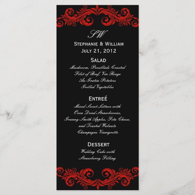 Menü für Hochzeitsempfang in Rot und Schwarz Menükarte (Vorderseite)