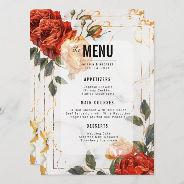 Menü + Getränke Marmorträume Orange Rose Menükarte (Vorne/Hinten)
