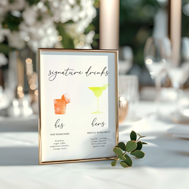 Menü "Getränke mit Minimalistischer Wasserfarbe" (Minimalist Watercolor Signature Drinks Menu)