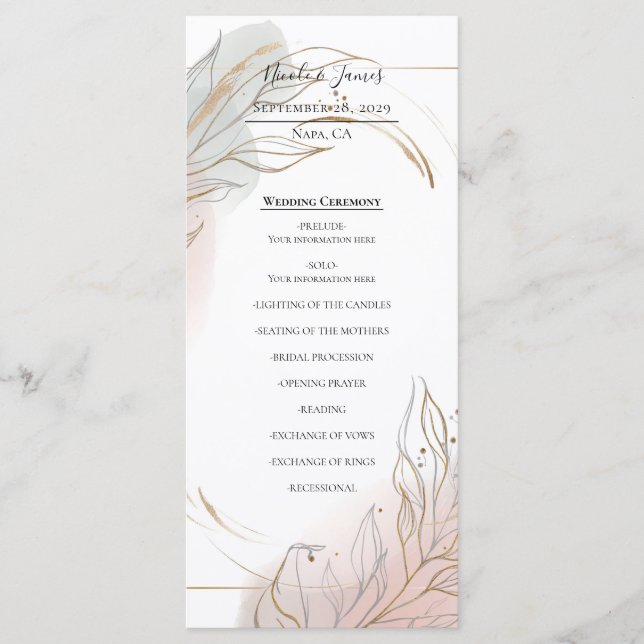 Menu Gilded Gold Sage & Blush Botanical Wedding Program (Devant)