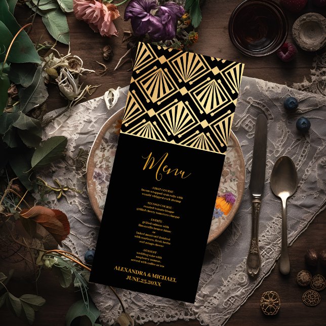 Menu Glam Art Déco Black Gatsby 1920 Style Mariage (Créateur téléchargé)