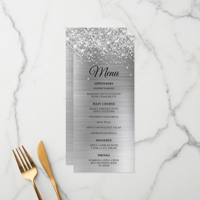 Menu Glittery Argent Foil Réception de mariage (Devant/Arrière en situation)