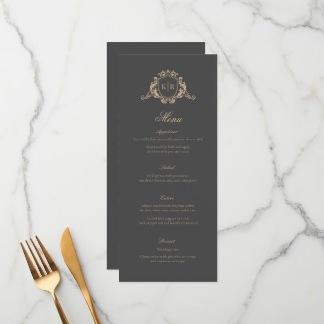 Menu Gold Baroque Crest Dark Grey Monogram Mariage (Devant/Arrière en situation)