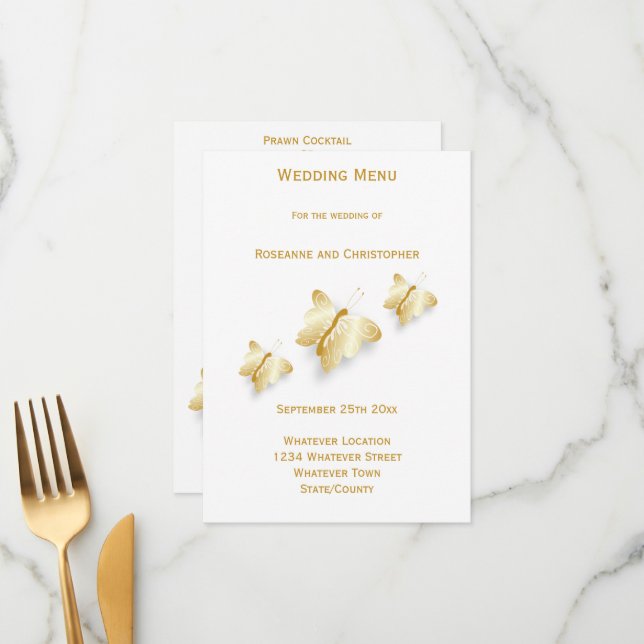 Menu Gold Mariage Papillons Design (Devant/Arrière en situation)