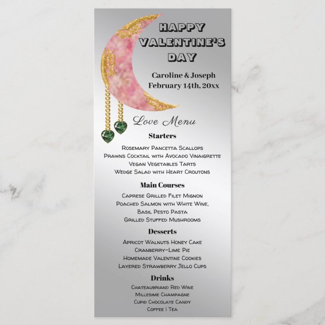 Menu Gold Pink Moon Green Heart Jewel Saint-Valentin (Devant)