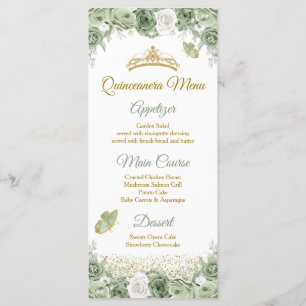 Menu Gold Quinceañera Sage Green Crown Butterfly