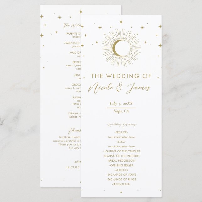 Menu Gold Stars Celestial Sunburst Moon Wedding Program (Devant / Derrière)