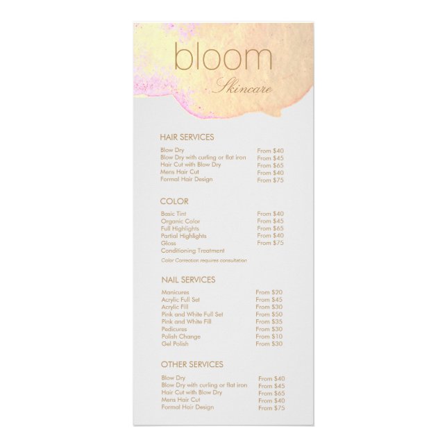 Menü "Gold Watercolor Salon Price List" (Vorne)