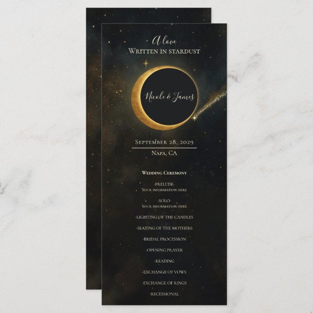 Menu Golden Stardust Eclipse Celestial Wedding Programm (Devant / Derrière)