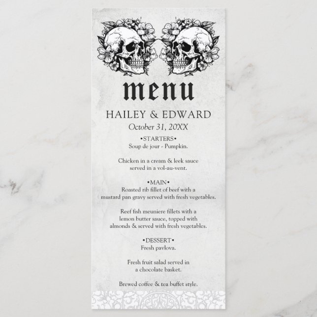 Menu Gothique Floral Crâne noir et blanc Mariage (Devant)