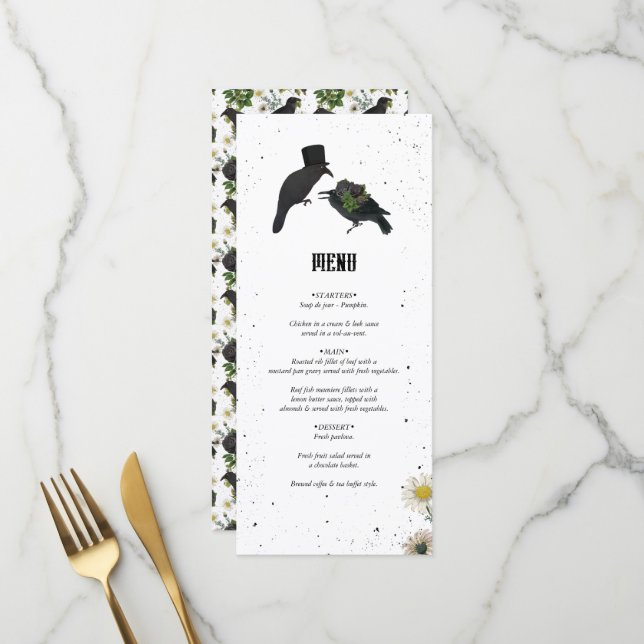 Menu Gothique Halloween noir Rose Corbeaux Mariage (Devant/Arrière en situation)