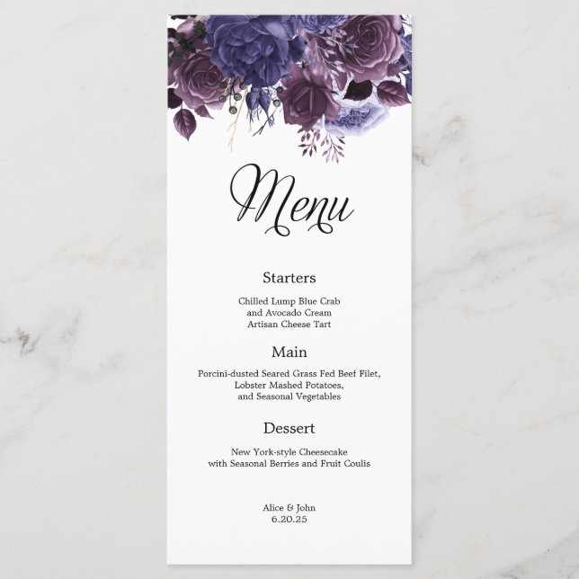 Menu Gothique Purple Floral Mariage (Devant)