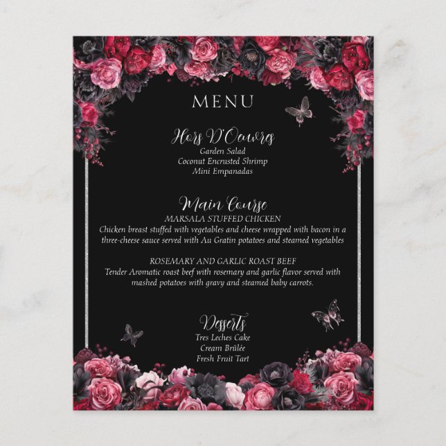 Menu Gothique Rose Rouge & Noir Moody Quinceañera (Devant)
