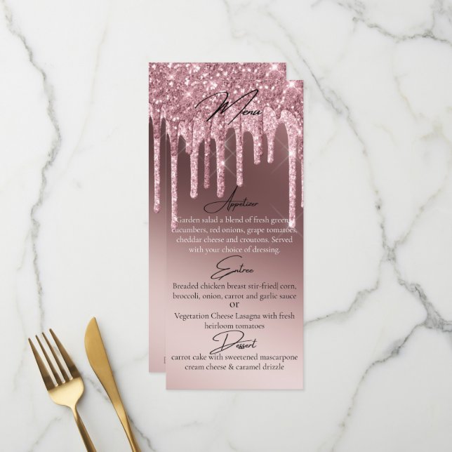 Menu Goutte de paillettes dorées roses foncées personna (Devant/Arrière en situation)