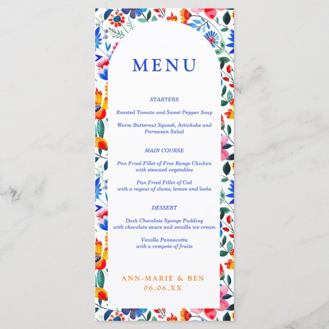 Menu Gras bleu et orange Floral Folk Fiesta Mariag (Devant)
