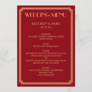 Menu Great Gatsby Art Deco Gold Red Mariage