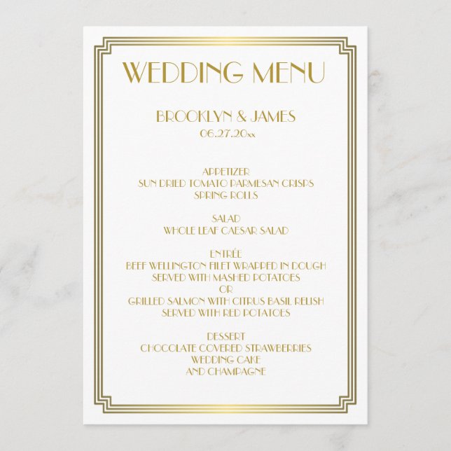 Menu Great Gatsby Art Deco Gold White Mariage (Devant)