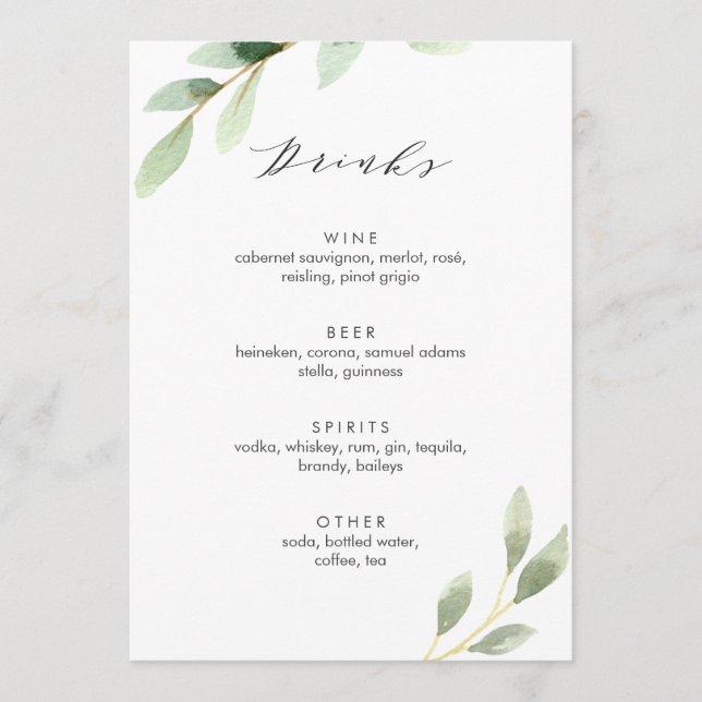 Menu Green Foliage Botanical Mariage Bar Boissons (Devant)