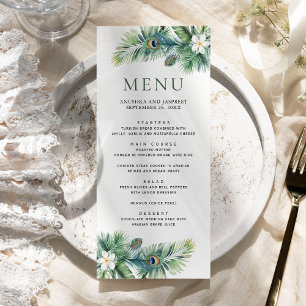 Menu Green Tropical Indian Peacock Plumes Mariage