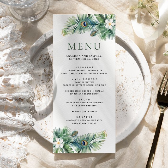 Menu Green Tropical Indian Peacock Plumes Mariage (Créateur téléchargé)