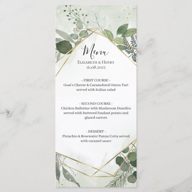 Menu Greenery boho gold geometric watercolour wedding (Devant)