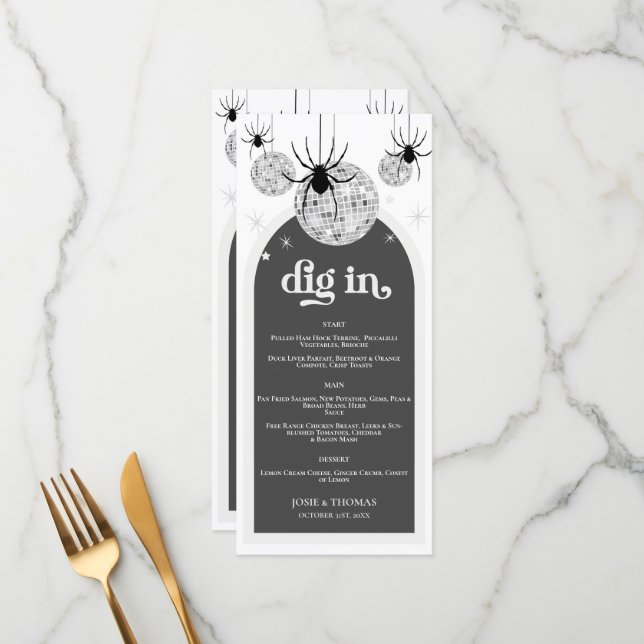 Menu Halloween Retro Disco Spiders & Disco Ball Mariage (Devant/Arrière en situation)