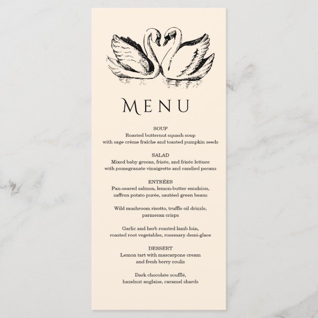 Menu hand drawn Couple Swan Whimsical Wedding (Devant)