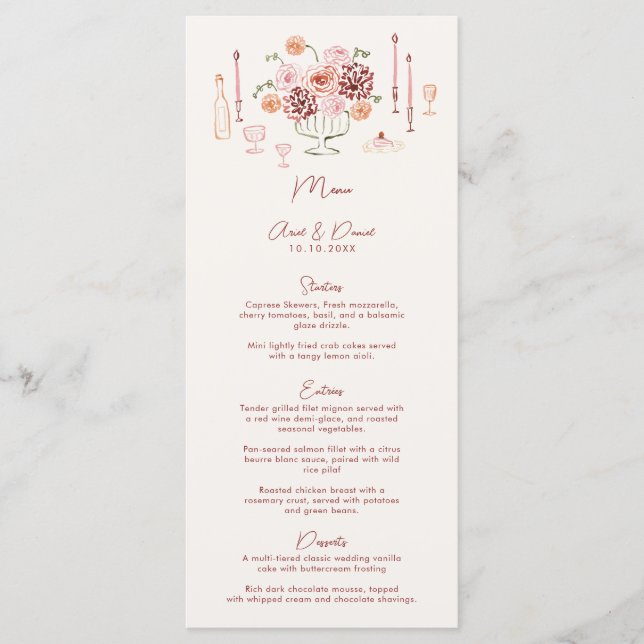 Menu Hand Drawn Whimsical Tabletop Burgundy Wedding (Devant)