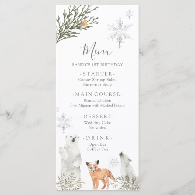 Menu Hiver Onederland Bois Animaux Première Anniversair (Devant)
