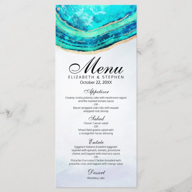 Menü Hochzeit Chic Watercolor Aquamarin Gold Agate Menükarte (Vorderseite)