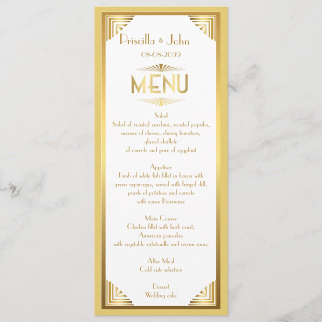 Menü-Hochzeit, Menüsitzung, großes Gatsby, Weiß, Menükarte (Vorderseite)