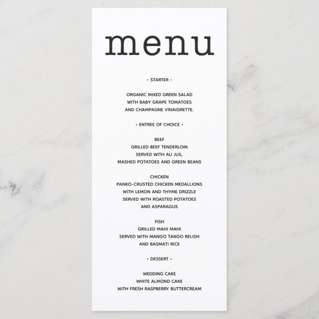 Menü Hochzeiten - Menü Brautparty - Typ Menükarte (Vorderseite)