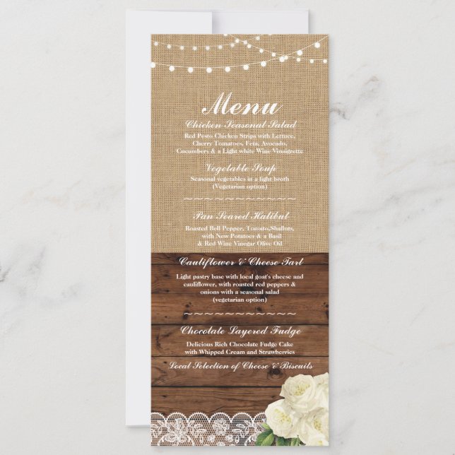 Menü Hochzeitsempfang Rose Burlap Wood Lace Einladung (Vorderseite)