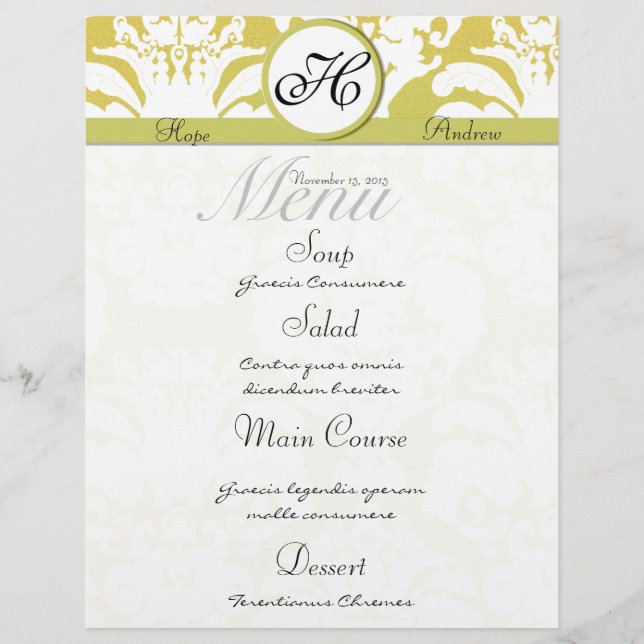 Menü "Hochzeitsmenü" für Limone und Gold Damask Mo (Vorderseite)