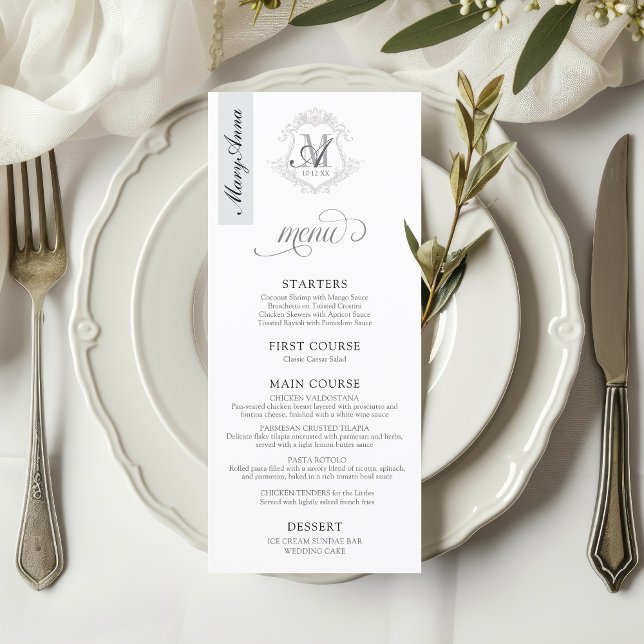 Menü "Hochzeitsmenü" für Vintages Monogramm-Wappen Menükarte (Simple elegant modern vintage floral monogram crest 4x9" wedding table place card guest name menu)