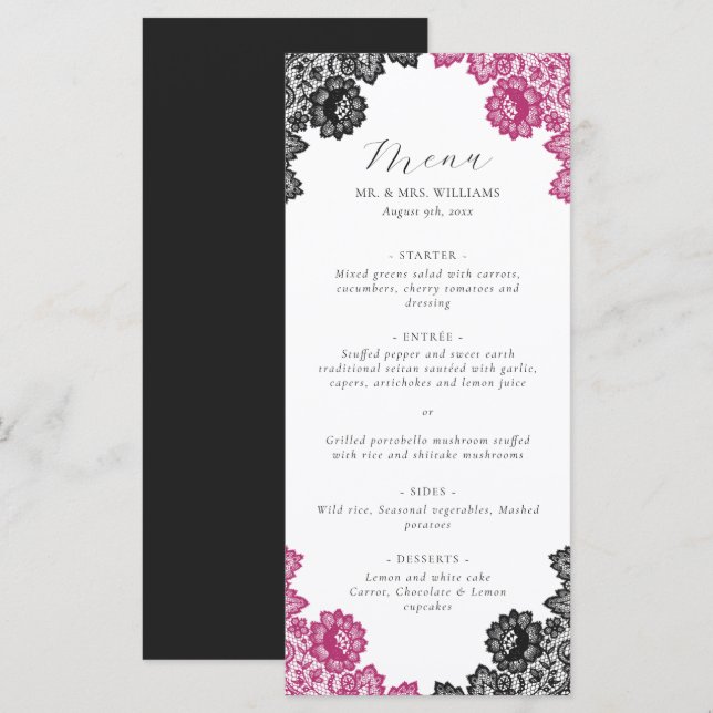 Menu Hot Pink and Black Floral Lace Wedding (Devant / Derrière)